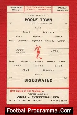 Poole Town v Bridgwater Town 1955 – Western League Single Sheet