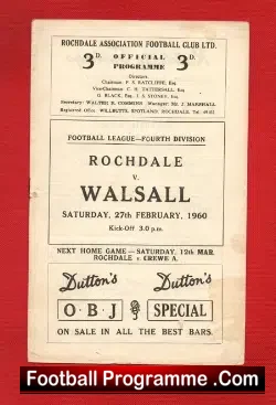 Rochdale v Walsall 1960 - football programme