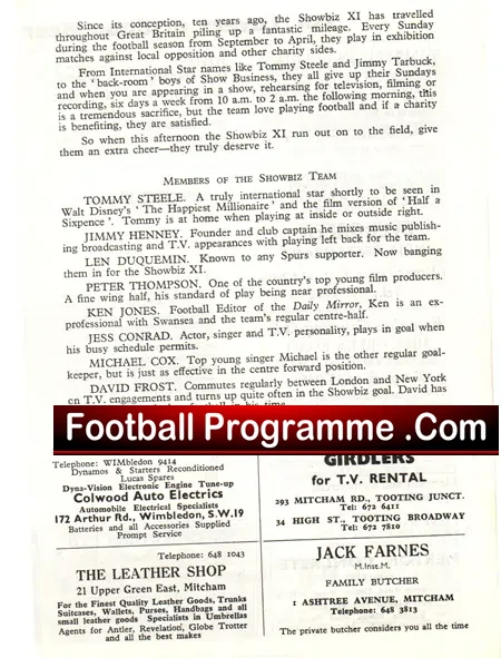 Showbiz XI v Olympic Athletes 1969 – at Tooting + Des O’Connor