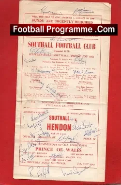 Southall v Hendon 1959 – Multi Autographed Signed 1950s
