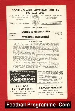 Tooting Mitcham United v Wycombe Wanderers 1959 - football programme