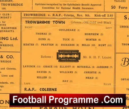Trowbridge Town v Royal Air Force RAF 1945 – Colerne