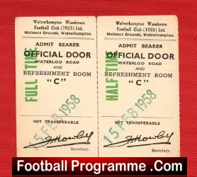 Wolves Wolverhampton v Darlington 1958 Officials Tickets 15/2/58