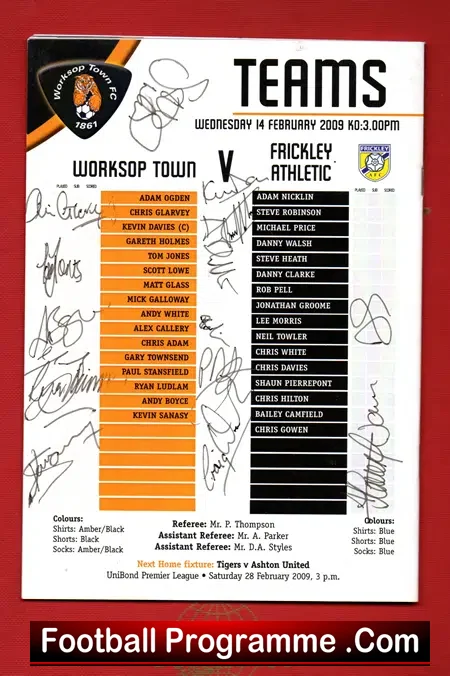 Worksop Town v Frickley Athletic 2009 – Signed Autographed + TS