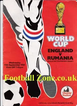 England v Romania 1985 - World Cup + Team Sheet Romania