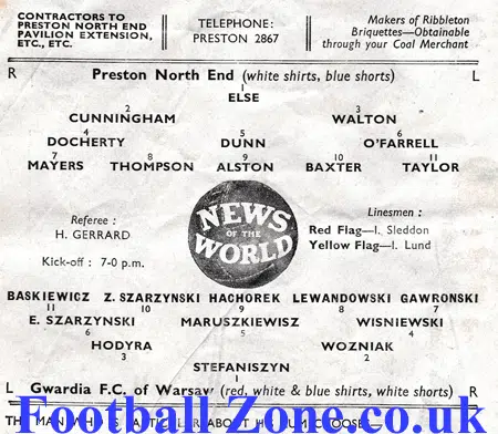 Preston North End v Gwardia 1957 – Warsaw Poland