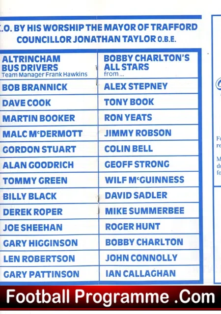 Bobby Charlton XI v Altrincham Bus Drivers 1983