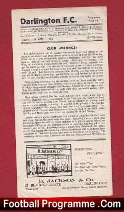 Darlington v Gateshead 1953 – 1950s Programme