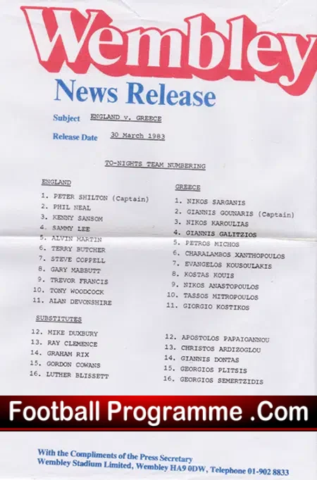 England v Greece 1983 – Plus Team Sheet