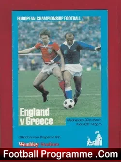 England v Greece 1983 - Plus Team Sheet - football memorabilia