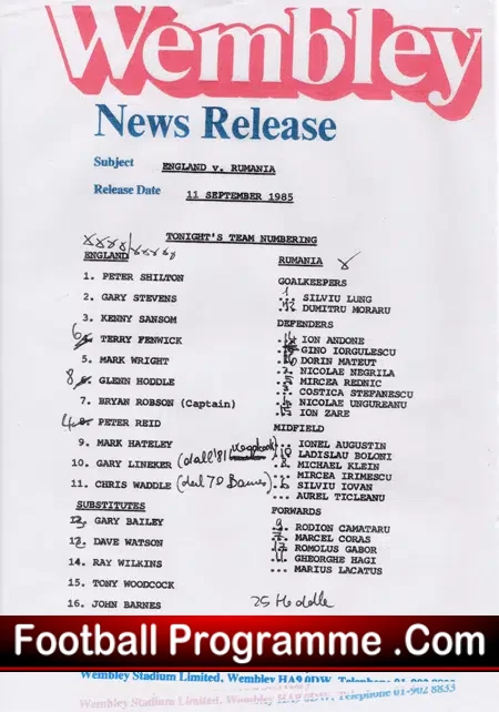 England v Romania 1985 – World Cup + Team Sheet Romania