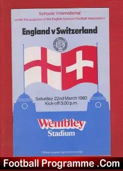 England v Switzerland 1980 - Schools - Paul Rideout - football programme