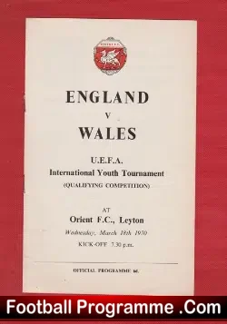 England v Wales 1970 - Youth at Orient Len Cantello - football programme
