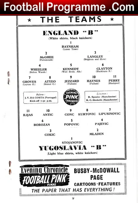 England v Yugoslavia 1955 B International at Manchester City TS