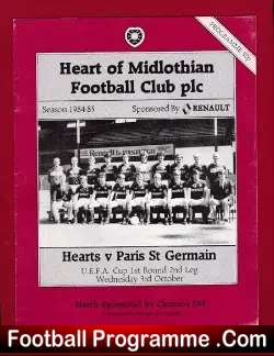 Heart Of Midlothian v Paris St Germain 1984 - PSG UEFA Cup - football programme