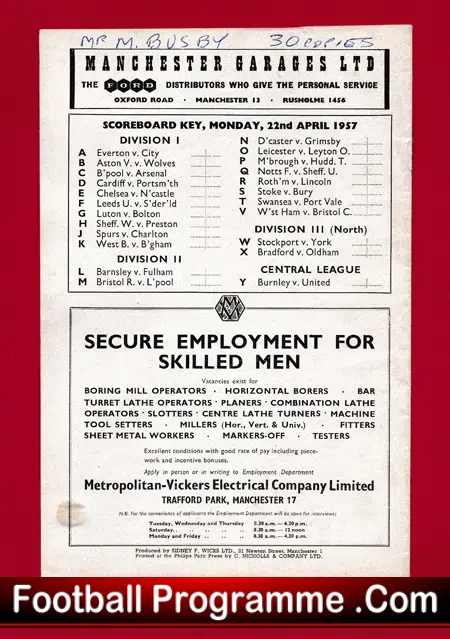 Manchester United v Burnley 1957 – Issued to Sir Matt Busby