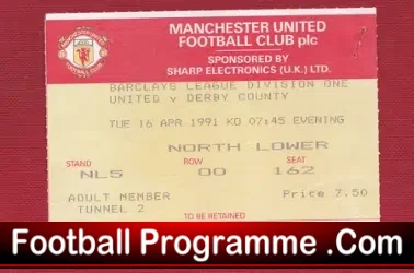 Manchester United v Derby County 1991 – Football Ticket