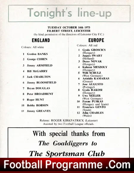 Old England v Rest Of Europe 1973 - Plus Puskas + Charlton