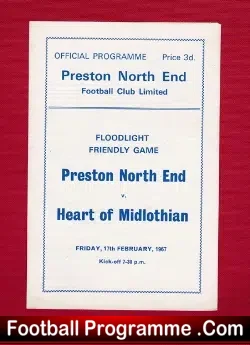 Preston North End v Heart of Midlothian Hearts 1967 Floodlights - football programme