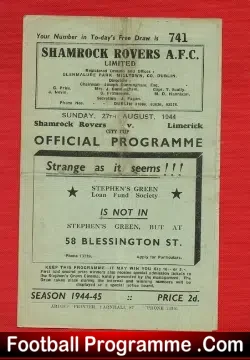 Shamrock Rovers v Limerick 1944 - City Cup - football programme