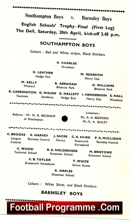 Southampton v Barnsley 1957 – Boys match at the Dell