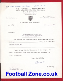 Birmingham City FA Official Caution C Green Letterhead 1968