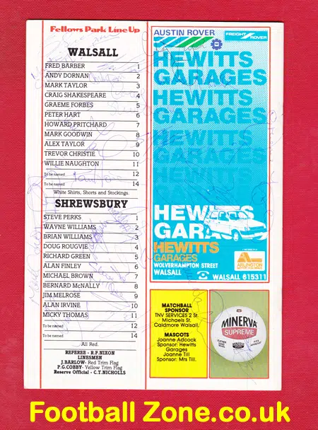 Walsall v Shrewsbury Town 1988 - Multi Autographed Signed