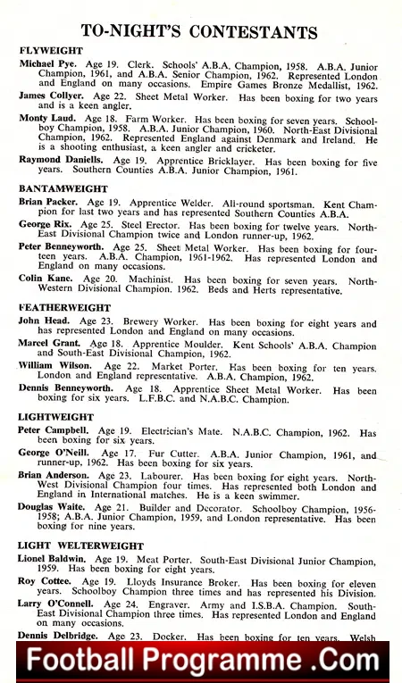 Boxing – Royal Albert Hall Boxing Programme 1963 – Championships