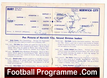Bury v Norwich City 1964 – Multi Autographed SIGNED