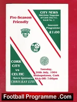 Cork City v Glasgow Celtic 1994 - Bishopstown Ireland - football programme