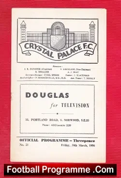 Crystal Palace v Reading 1956 - football programme