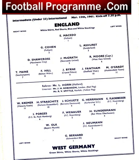 England v Germany 1961 – Under 23 at Tottenham + Bobby Moore