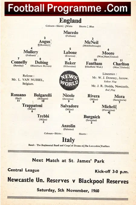 England v Italy 1960 – U23 at Newcastle – Bobby Charlton + Moore
