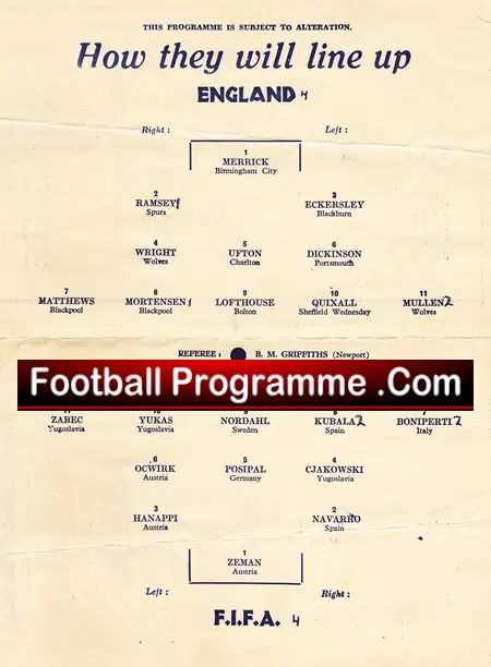 England v Rest Of The World 1953 – Pirate Football Programme