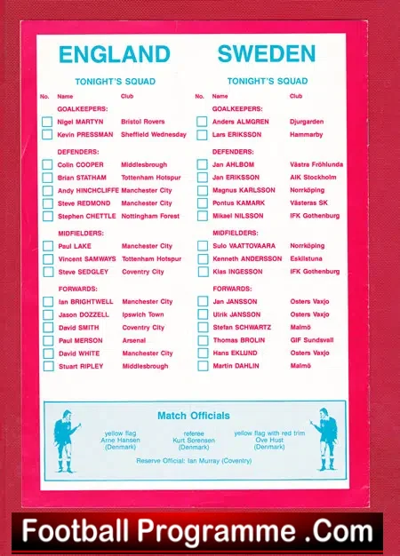 England v Sweden 1988 – Under 21 at Coventry City