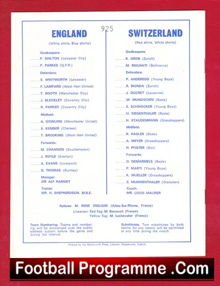 England v Switzerland 1971 – at Ipswich + Frank Lampard