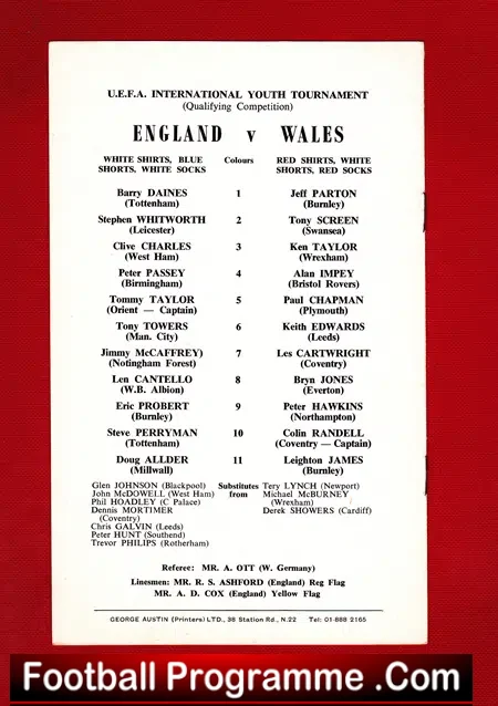 England v Wales 1970 – Youths Match at Leyton Orient