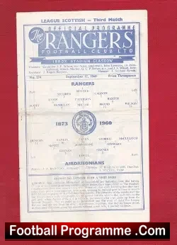 Glasgow Rangers v Airdrieonians Airdrie 1960 - football programme
