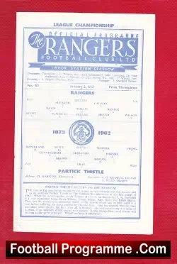 Glasgow Rangers v Partick Thistle 1962 - football programme