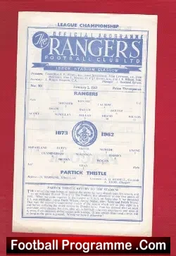 Glasgow Rangers v Partick Thistle 1962 - football programme