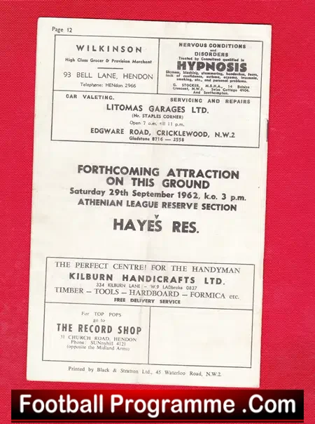 Hendon v Wolves 1962 – Floodlit Challenge Match