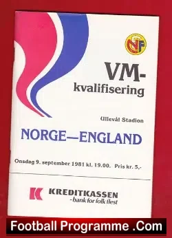 Norway v England 1981 - football programme