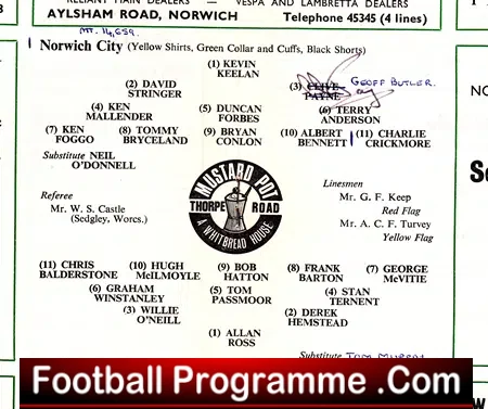 Norwich City v Carlisle United 1969 – Multi Autographed