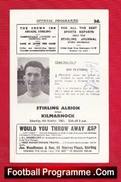 Stirling Albion v Kilmarnock 1965 - Signed Jim Fleming Autograph - football programme