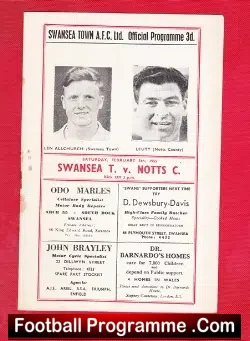 Swansea Town v Notts County 1955 + Autograph Sheet