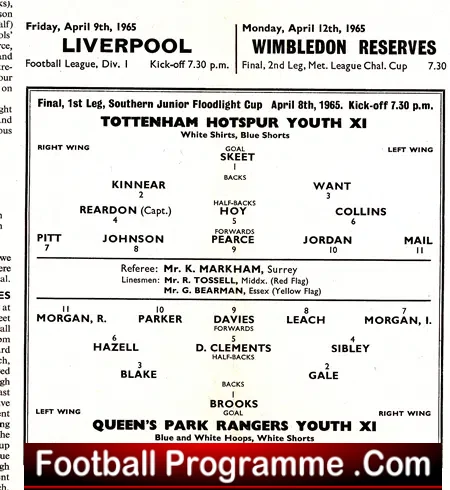 Tottenham Hotspur v QPR 1965 – Youth Game