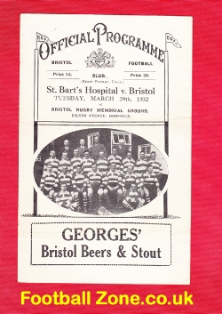Bristol Rugby v St Barts Hospital 1932 – Rare 1930’s Programme