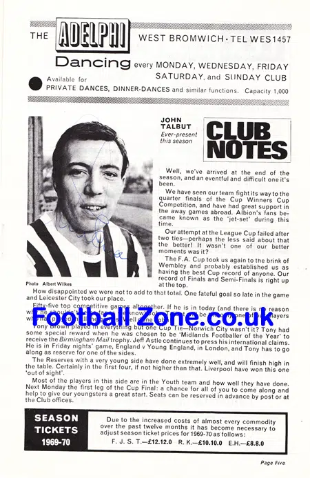 West Bromwich Albion v Ipswich Town 1969 – Multi Autographed
