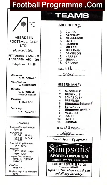 Aberdeen v Hibernian Hibs 1977 – Multi Autographed SIGNED