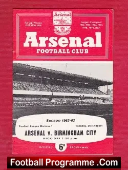 Arsenal v Birmingham City 1962 - football programme